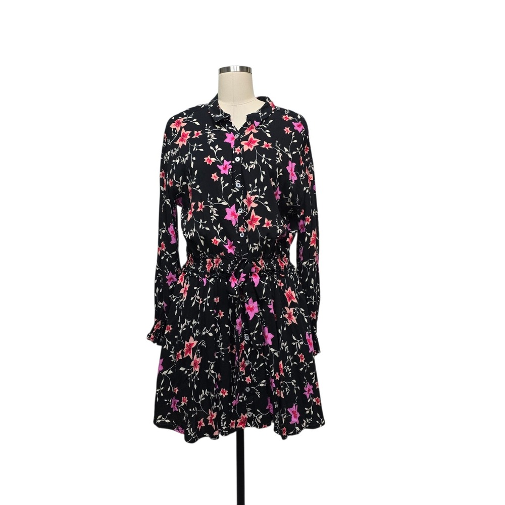 Free People Floral Smocked Waist Button Down Mini Dress Black Pink‎ Size Small